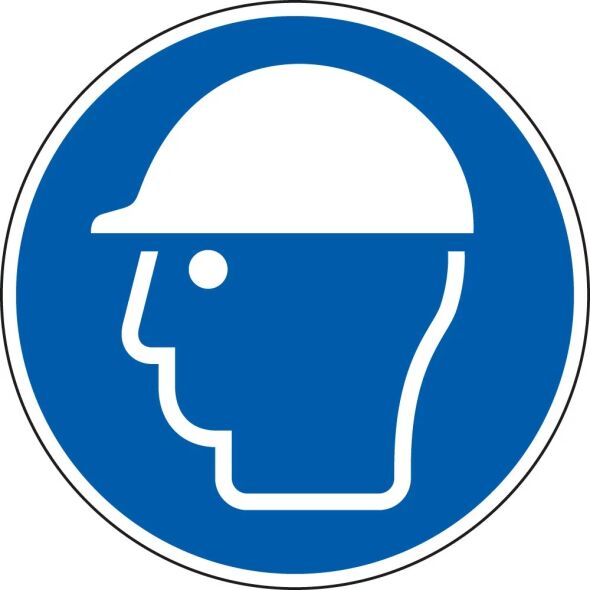Gebotsschild Kopfschutz benutzen blau-weiß Folie selbstklebend d=50mm