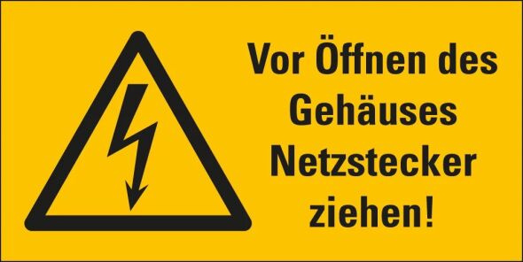 Warnschild Vor Öffnen des Gehäuses Netzstecker ziehen Blitzpfeil Folie selbstklebend 74 x 37 mm 1 Stück