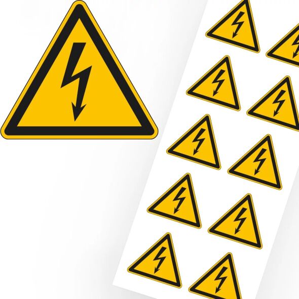 Warnschild Warnung vor elektrischer Spannung Blitzpfeil Folie selbstklebend Schenkellänge 50 mm 10 St./Bogen