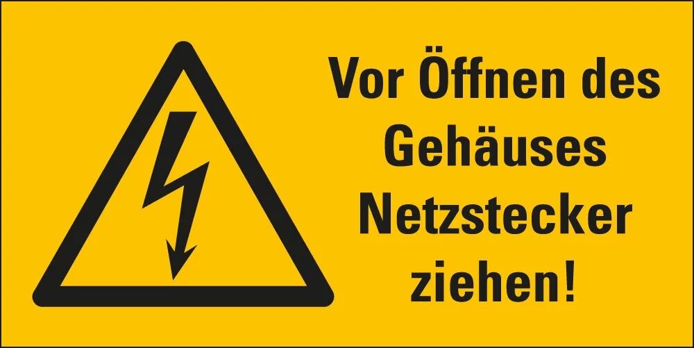 Warnschild Vor Öffnen des Gehäuses Netzstecker ziehen Blitzpfeil Folie selbstklebend 74 x 37 mm 1 Stück