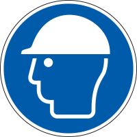 Gebotsschild Kopfschutz benutzen blau-weiß Folie selbstklebend d=50mm