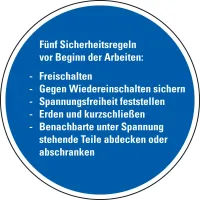 Hinweisschild 5 Sicherheitsregeln vor Beginn der Arbeiten blau-weiß Folie selbstklebend d=100 mm 1 Stück