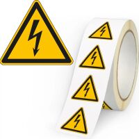 Warnschild Warnung vor elektrischer Spannung Blitzpfeil Folie selbstklebend Schenkellänge 100 mm 500 St./Rolle