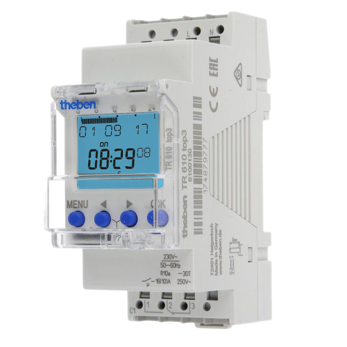 Theben TR 610 top3 Digitale Zeitschaltuhr 1 Kanal, Hutschiene, Wochenprogramm, App 6100130