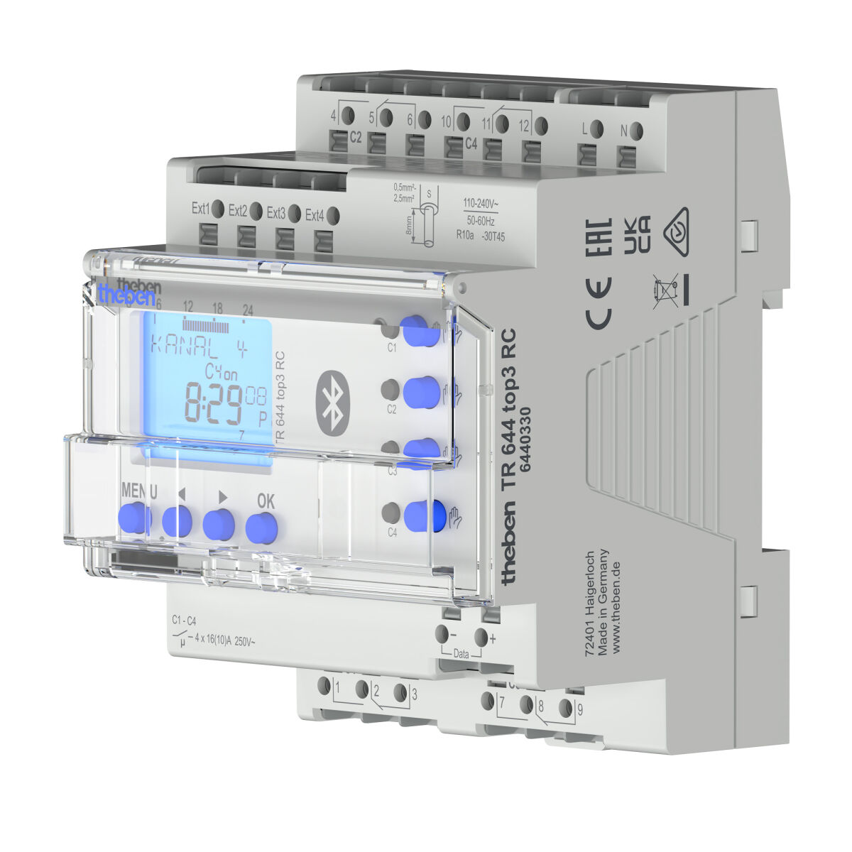 Theben TR 644 top3 BLE RC Digitale Zeitschaltuhr 4 Kanäle, Jahres-/Astroprogramm, Antenne 6420330