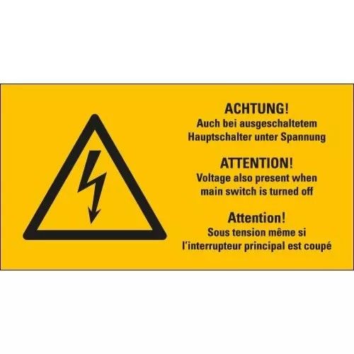 Warnschild ACHTUNG! Auch bei ausgeschaltetem Hauptschalter unter Spannung 3-sprachig Blitzpfeil RoHS konform Folie selbstklebend 52 mm x 26 mm 10 St./Bogen