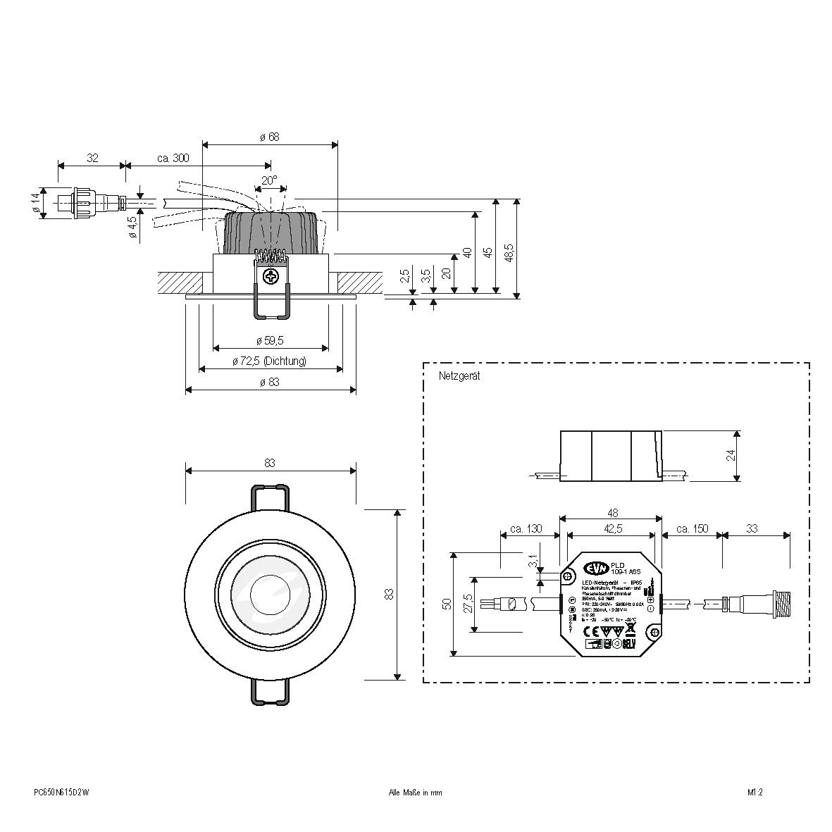 LED-Einbauleuchte IP65 PC650N615D2W