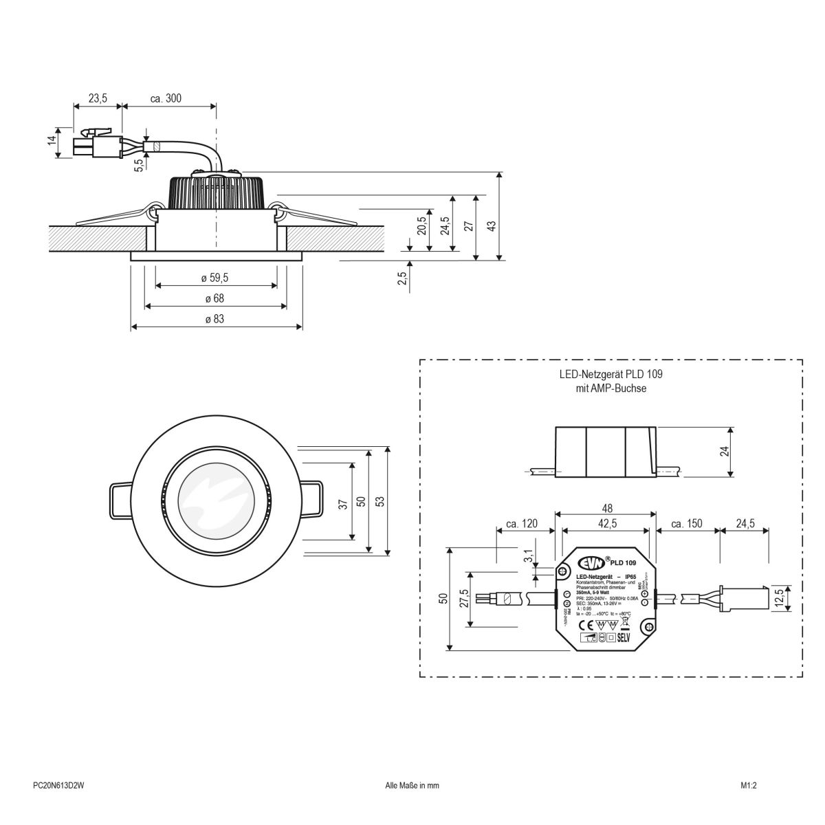 P-LED Deckeneinbauleuchte PC20N613D2W