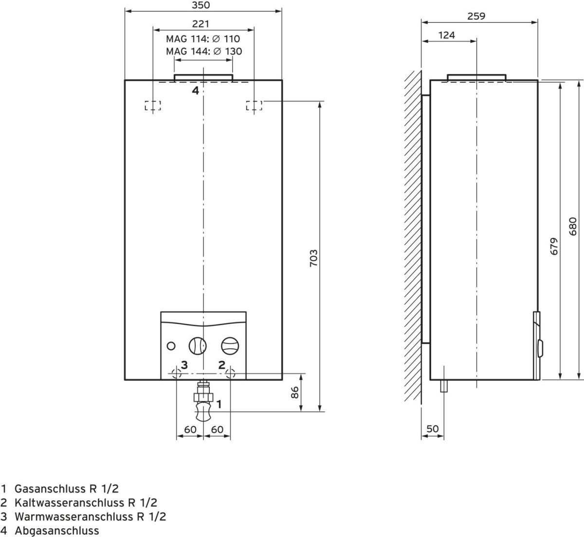 Gas-Durchlaufwasserhitzer MAG 114/1 G LL-Gas