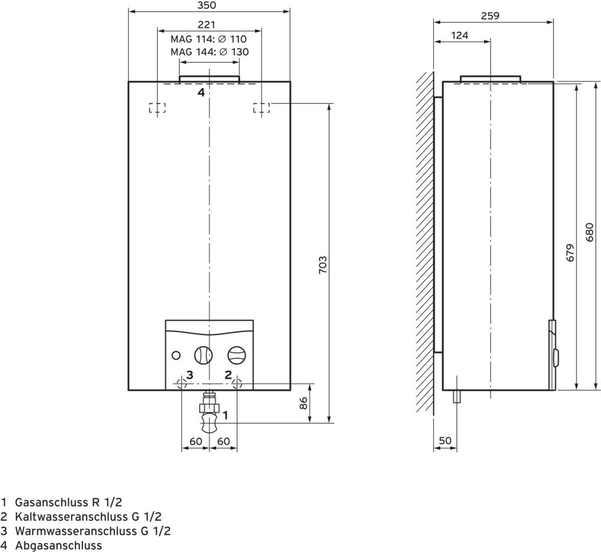 Gas-Durchlaufwasserhitzer MAG 144/1 I LL-Gas
